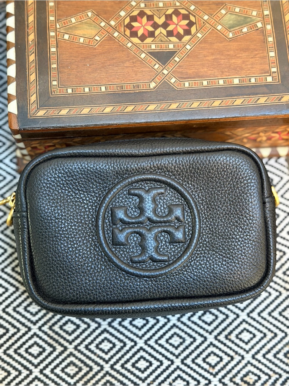 Tory Burch small Camera Crossbody Black Pebbled genuine Leather